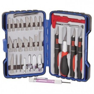 The Gordon 33 Piece Deluxe Hobby Knife Set with Carrying Case and a slew of  extras. Available at Harbor Freight Tools and Amazon